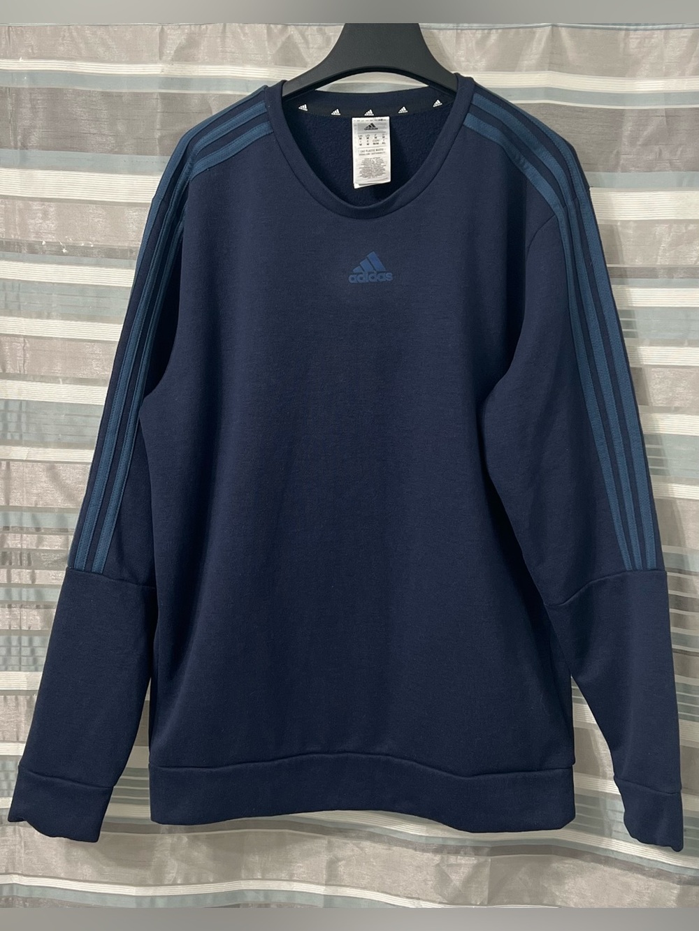 Adidas Men’s Navy 3 Stripe Fleece Crewneck Sweatshirt